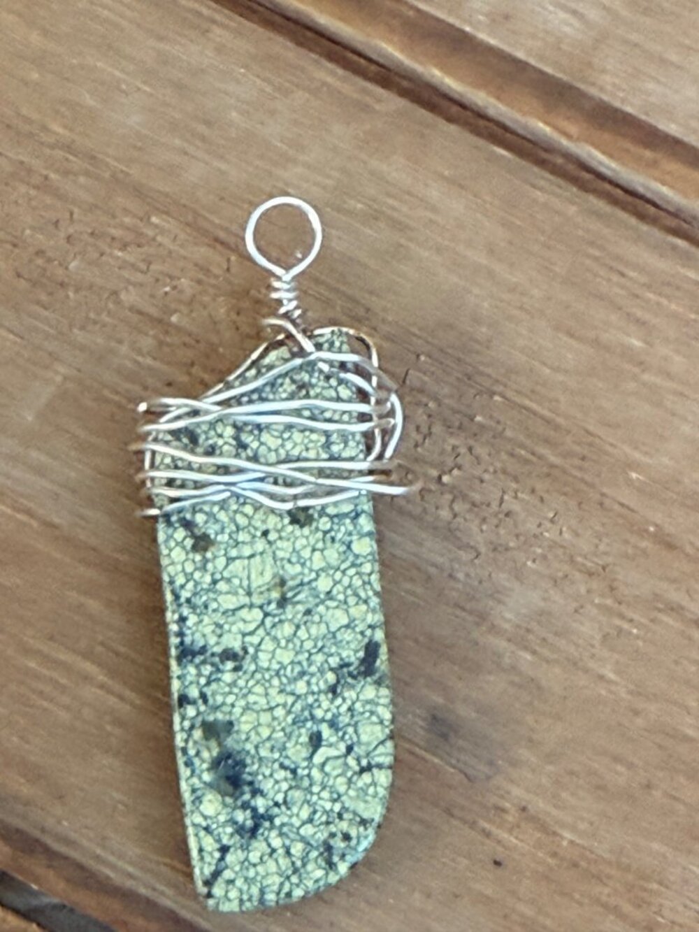 Handcrafted Yellow & Black Speckled Stone Pendant With Silver Wire Wrap - Unique